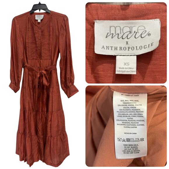 Mare Mare x Anthropologie Terracotta Dress Women’s XS Maxi Long Sleeve Boho - - Picture 4 of 4